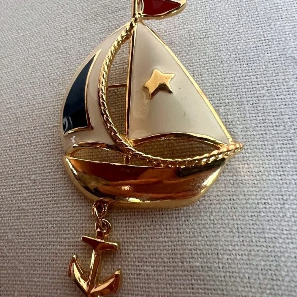 Avon Sailboat Brooch Nautical Enamel Anchor Charm Coastal Grandma Vintage Resort